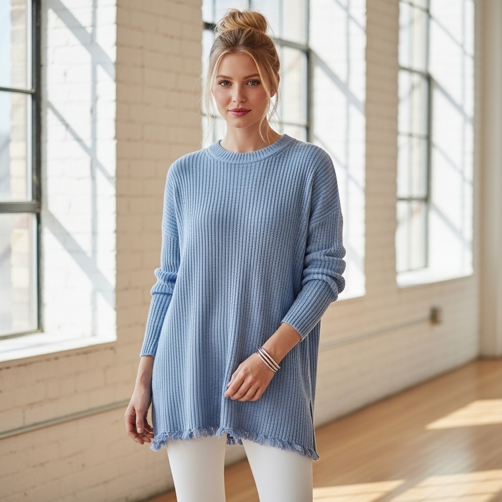 J.jill Marled Blue Fringed Hem Tunic Sweater with Button Details On The Back